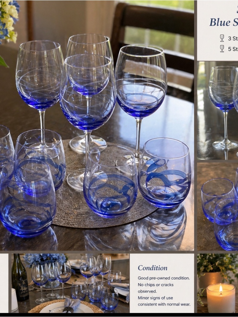 Blue Glass Wine and Tumbler Set - Elegant Cobalt Accent